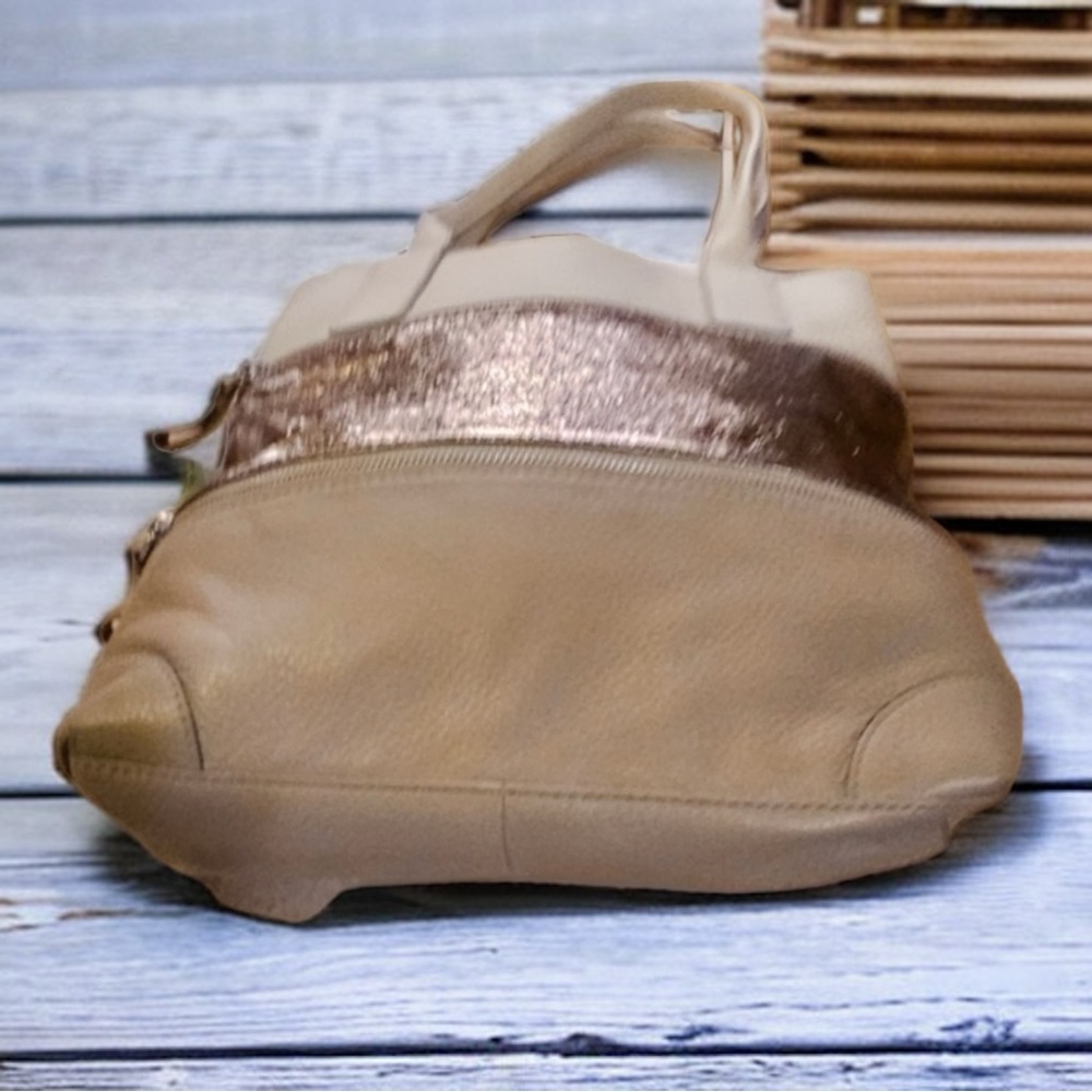 NWT Fossil Cream Metallic Gold Taupe Stripes Leather Large Shoulder Bag - Picture 4 of 7